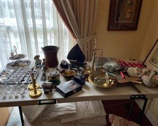 Vintage brass pieces, Malcolm Moran bronze sculptures, stone carvings, antique wool carder, jewelry. 