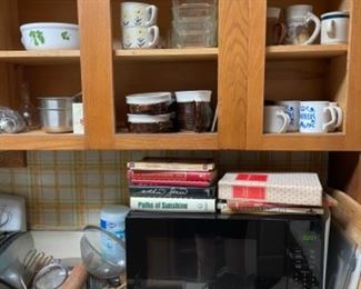 Microwave oven, cookbooks, kitchenware