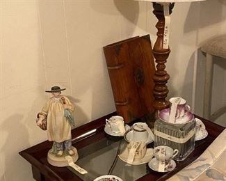 ANTIQUE OR VINTAGE DEMITASSE CUPS AND CHINESE FIGURES; WOODEN BOOK THAT OPENS UP FOR HANDSOME