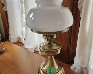 Vintage Brass Hurricane Table lamp has white milk glass 
 ruffled shade a set of two