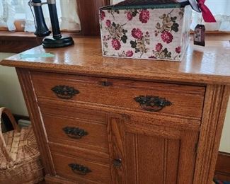Antique  solid oak 3 drawer with beautiful hardware, and  a storage cabinet  30.5"x14" x 28.5" 