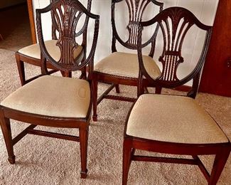 5 antique mahogany, Hepplewhite  shield back dining chairs w/ upholstered seats $45 ea
20.5”w x 17d x 38h (17.5 floor to seat) 