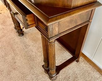 Antique Glass Front Curio Hutch w/ carved wood open base w/ center drawer 40.25”w x 16.5d x 63h $165