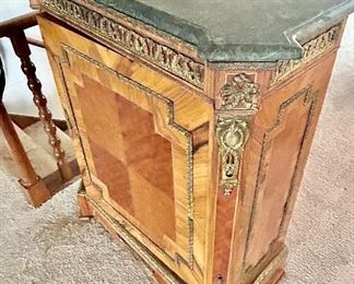 Vintage Art Deco Veneer Emperor Cabinet with metal accents, shelf inside & removable marble top 
36”w x 17.5d x  41.5h $285