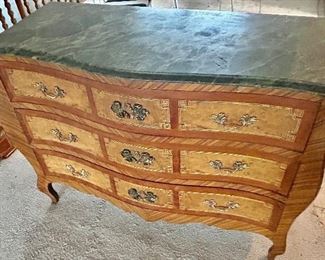 Vintage Art Deco Veneer, 3 drawer Chest w/ metal accents & removable marble top 47”w x 19d x  36h $300