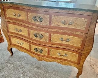 Vintage Art Deco Veneer, 3 drawer Chest w/ metal accents & removable marble top 47”w x 19d x  36h $300