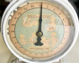 John Chatillion & Sons, NY Antique
25lb rattan & Metal Nursery Baby Scale 27” long x 14w x 15.5h $50