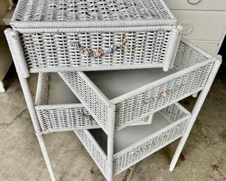 Antique wicker 4 section pivoting drawer/chest with legs 
17”Sq x 32 h $45