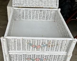 Antique wicker 4 section pivoting drawer/chest with legs 
17”Sq x 32 h $45