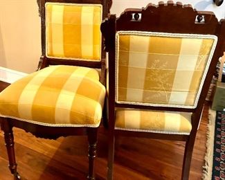2 antique dark carved wood Victorian yellow plaid seat & back chairs on wheels, 20“ x 37”h  (20” floor to seat) 
$85 each; both for $150