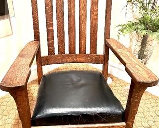Antique Quaker solid wood chair with leather seat 
27”w x 19.5d x 43.5h(17.5 floor to seat)
$185