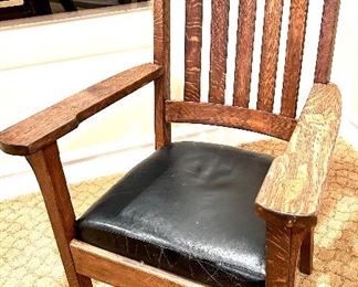 Antique Quaker solid wood chair with leather seat 
27”w x 19.5d x 43.5h(17.5 floor to seat)
$185