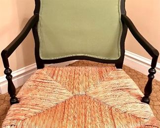 Oversized Rush Seat & Cushion Black Solid Wood Framed Arm Chair 
32”w x 24”d x 39.5h (13” floor to rush seat; 19.5 floor to seat cushion top) $350