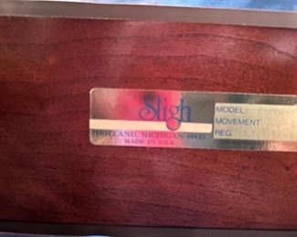 Sligh triple chime, cherry grandfather clock with dial Moon face & key 
24”w x 13”d x 84”h $650
Model #0895-1-AN