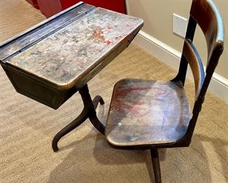 Antique children’s school desk 
17.5”w x 25.5 long x 25.5h $95.