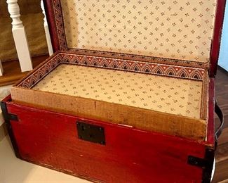 Antique small red steamer trunk/chest 24”w x 12d x 13h $60