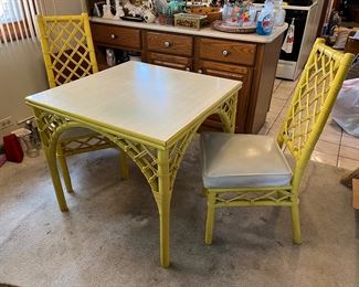 Bamboo/rattan table with Formica top and (2) matching chairs