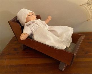 Pleasant Company Baby Doll and vintage music box wooden cradle
