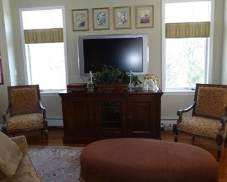 Media cabinet, pair of accent chairs