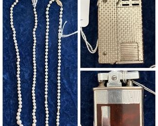 variety of cigarette lighters and pearl necklaces