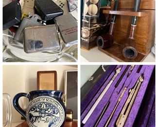 Pipes, humidors, Boy Scout mug, cigarette lighters