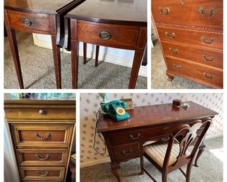Lingerie chest, desk, chest of drawers and antique drop leaf side tables