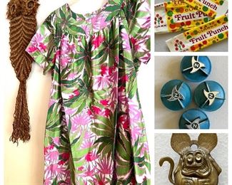 Vintage Sears house dress, macrame owl, 1960s gum ball Ratfink prize,  vintage bicycle hubcap spinners 