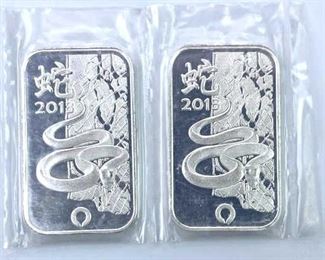 (2) 1oz Silver Bars, Rand Refinery Year of the Sna