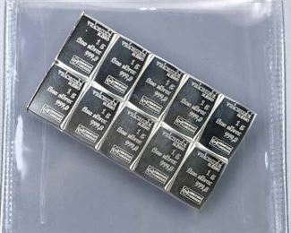 (10) 1g Silver Bars .999 Valcambi Suisse