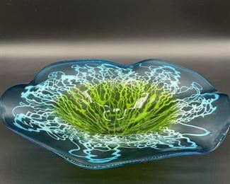 Green & Aqua Hand Blown Swirled Glass Bowl with Silver Tone splattered lines applied to outside of bowl for a unique design