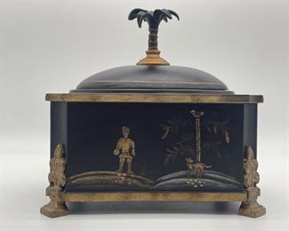 Vtg Chinoiserie Black Metal Lidded Box with Palm Tree Handle & Gold Accents
Lacquered
See pictures for measurements