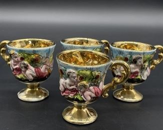 (4) Capodimonte Porcelain Cherub Teacups w/ 22k Gold