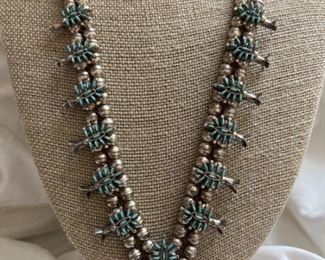 Vtg Sterling Silver & Turquoise Signed Zuni
Needlepoint Squash Blossom Necklace