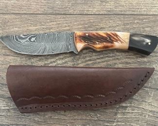 Damascus Knife w/Leather Sheath, Bone Handle