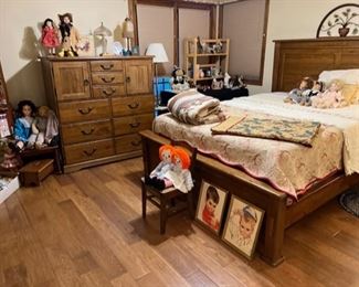 Heavy well made dresser, bed and nightstand, cute vintage dolls, display cabinet   The Mattress Has Sold 