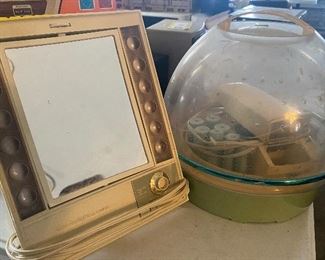 Vintage lighted vanity and hair dryer with curlers - both working.