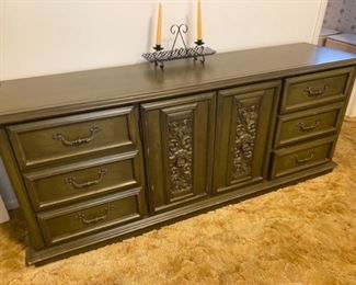 Large solid wood dresser to match queen bed frame and side tables.