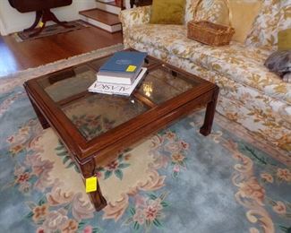 Wood square coffee table with 4 beveled glass inserts