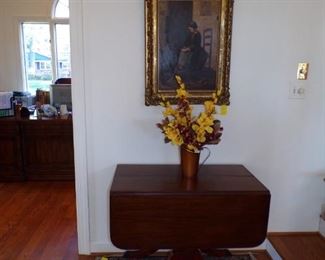 Mahogany Duncan Phyfe drop leaf table, gold framed oil on board of a child seated...Andre Teanron, small area rug