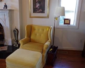 Yellow wingback chair with ottoman