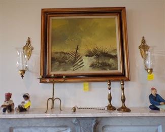 framed oil by Engle - shore scene