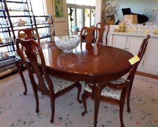 Thomasville Dining Room table with 2 leaves and 8 chairs, Pinwheel & Stars Punch Bowl with 17 cups, etc.