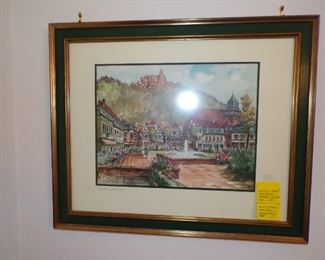 Framed Village Courtyard - signed