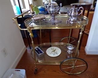 Brass and glass tea/serving cart with Gallery border, sterling, silverplate, etc.