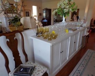 Handmade white storage cabinet, glassware, etc.