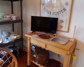 small butcher block on wheels, TV, Tray, Woven Picnic Basket, etc.