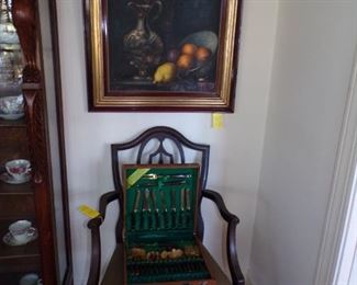 Hepplewhite chair, framed oil painting Still Life signed Italy, brass silverware in case.