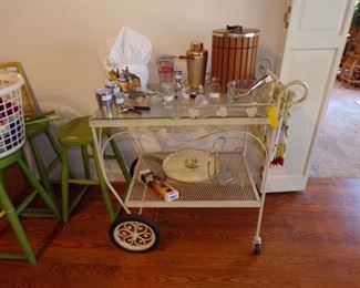 Vintage wrought iron bar/tea cart, bar items, etc.