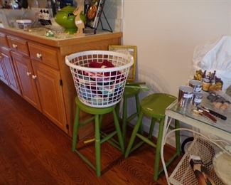 3 green stools, napkins, etc.