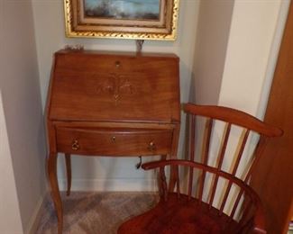 Vintage lady's drop front desk, unusual side chair, painting